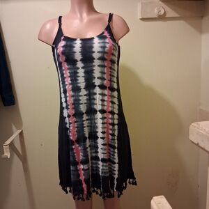 Beach Break Tie Dye Dress Sleeveless Casual Tassel Hem Blue White S